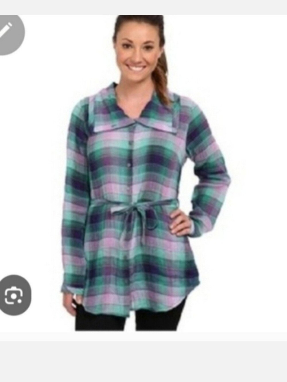 Plaid Tie-Waist Button Front Tunic in Mint, Lavender & Navy Dz L